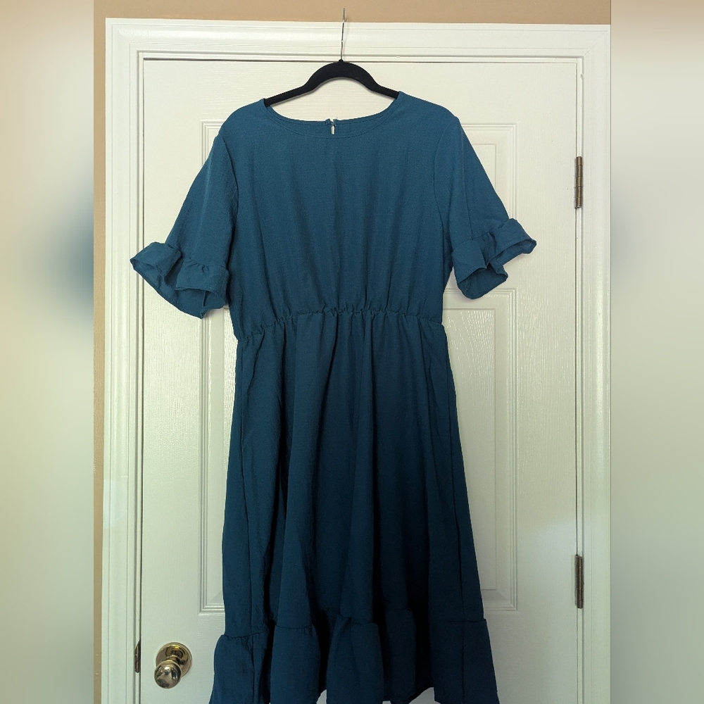 Teal Ruffle Sleeve Midi Dress